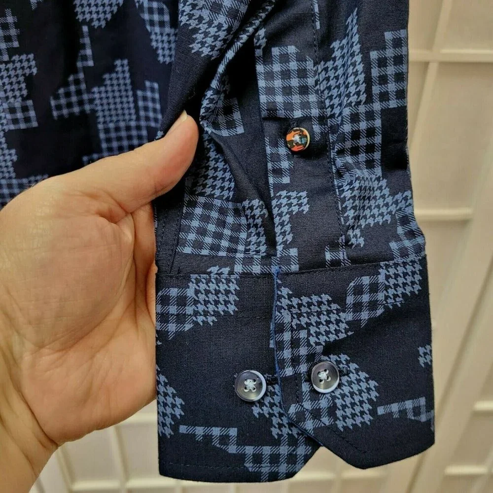 Visconti Black Shirt Men's Sz Small Navy Blue Houndstooth Camouflage Shapes NWT - Picture 7 of 11